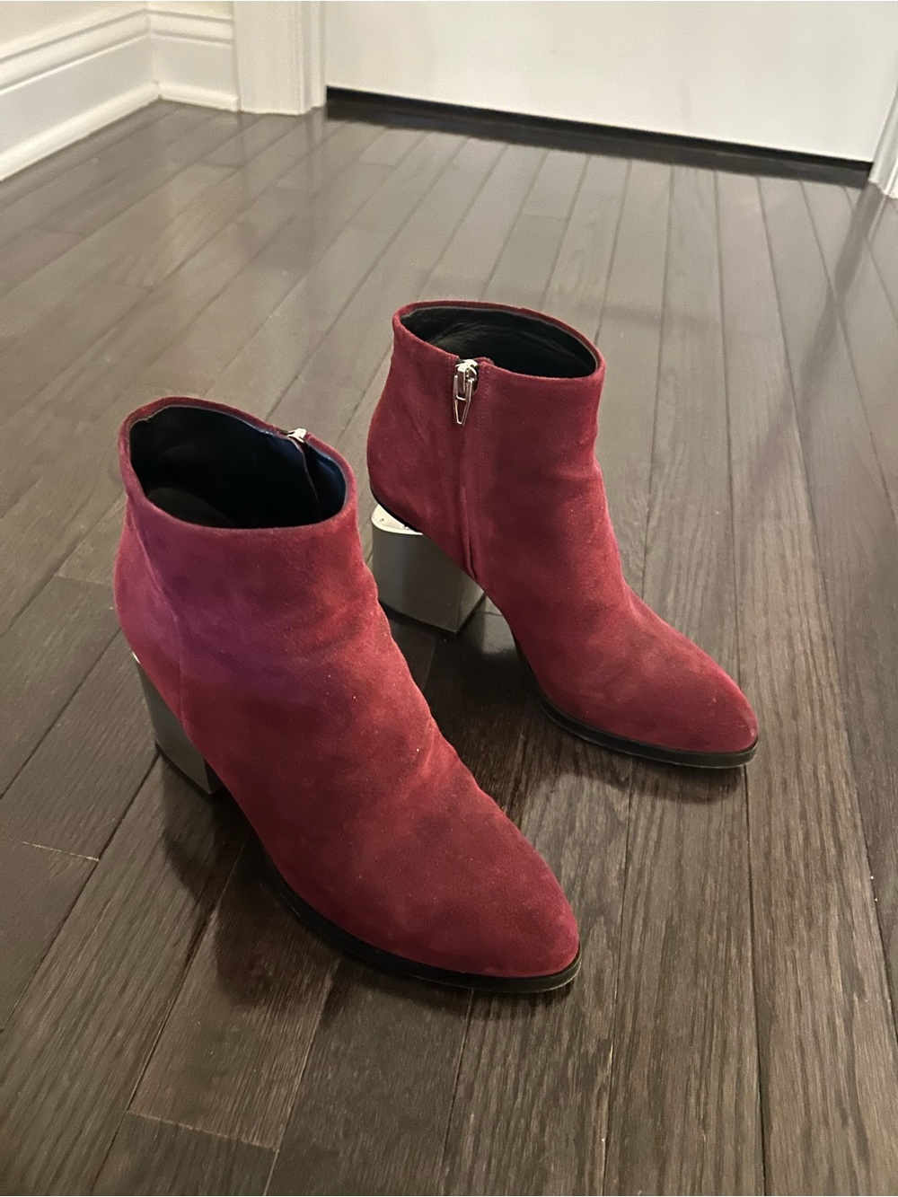 Alexander Wang Red Suede Ankle Booties with Metallic Block Heel Size 38